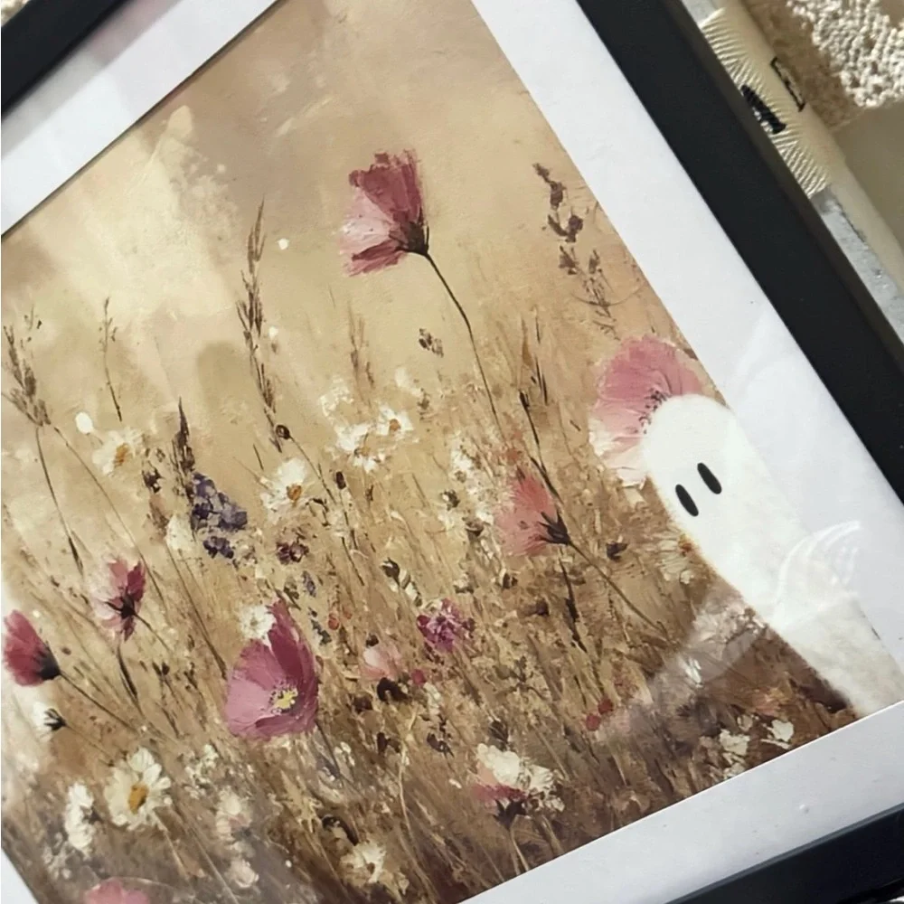 8x10 Framed Whimsical Ghost Floral pink wildflower field Halloween Decor